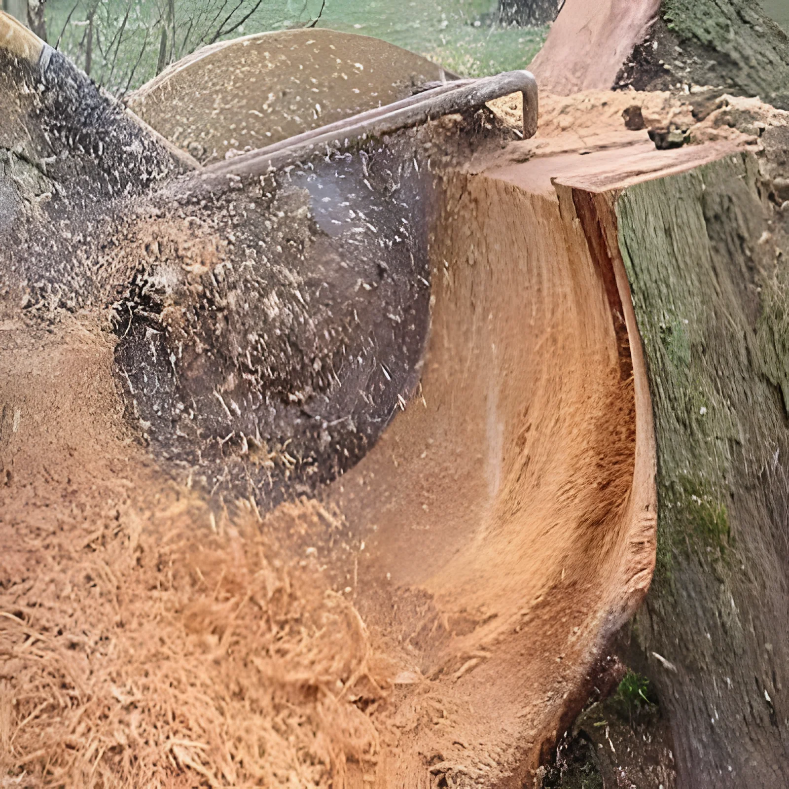 Tree being cut with chainsaw, wood shavings flying