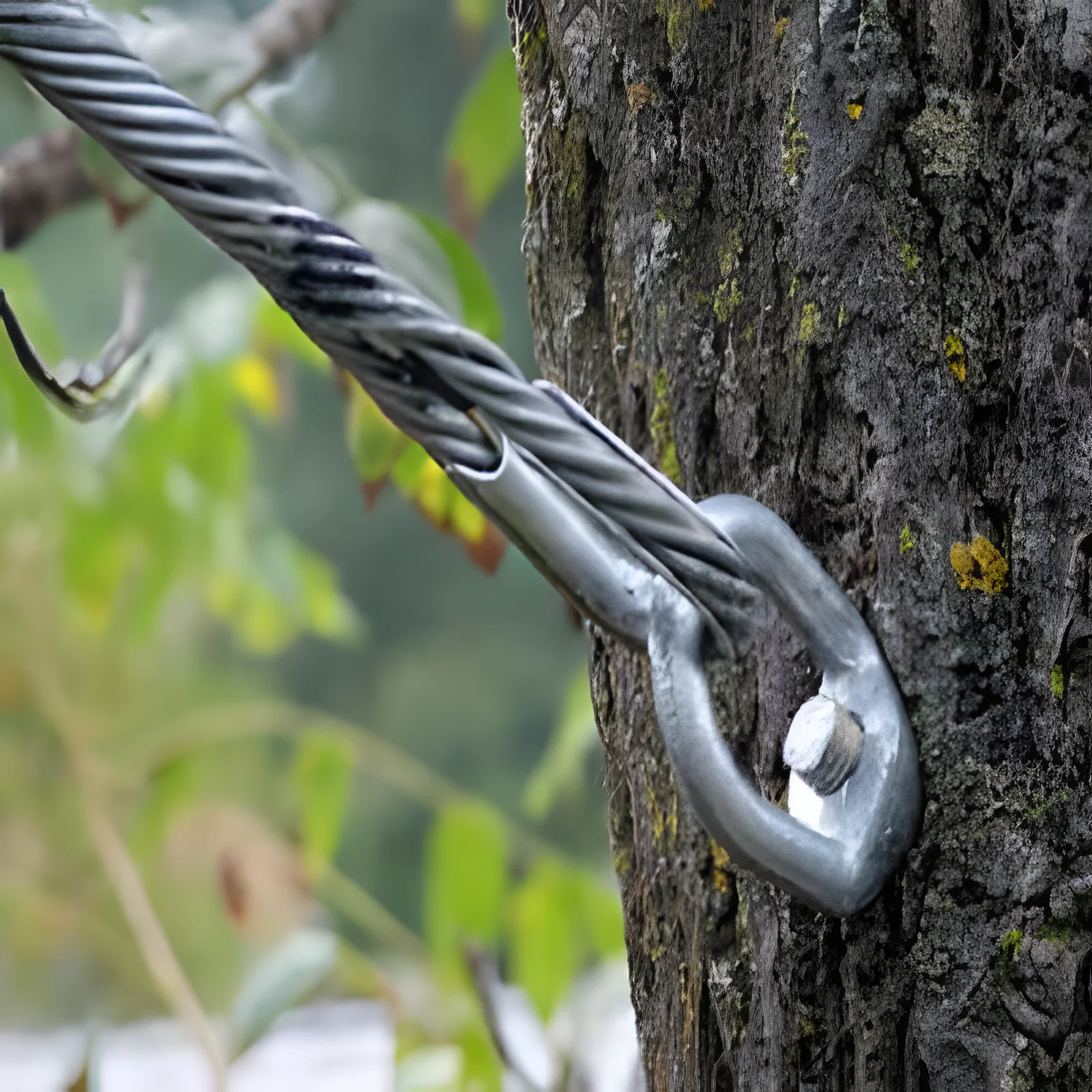 Close-up of steel cable attached to a tree with a bolt.