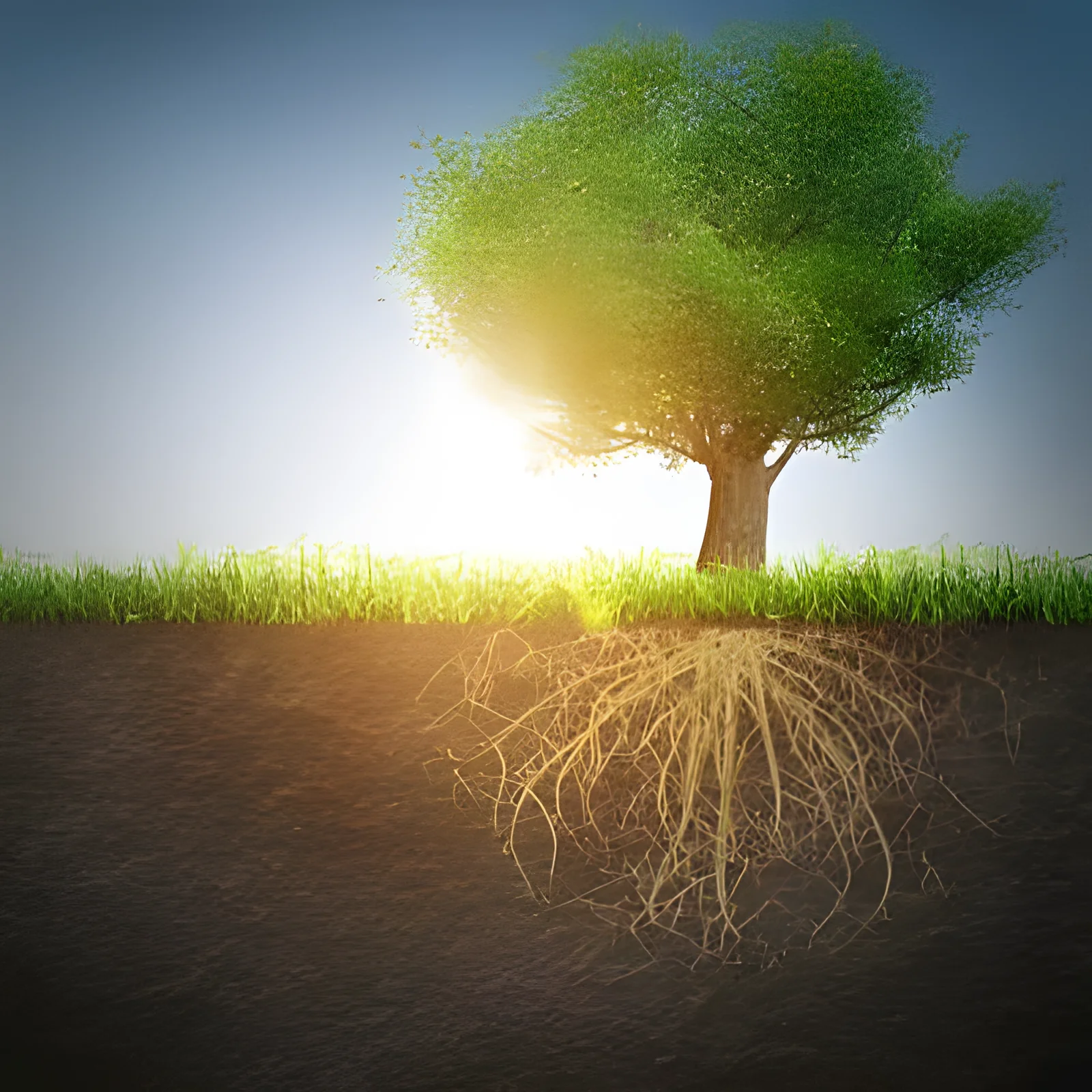 A tree with visible roots and sunlight in the background.